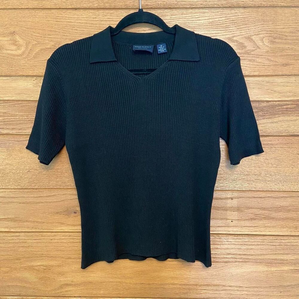 Vintage 90s Anne Klein silk blend black ribbed collar short sleeve top